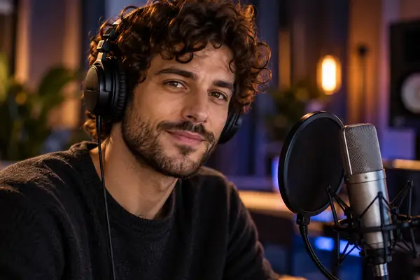 Original adult male voice performer with curly hair in a softly lit studio portrait