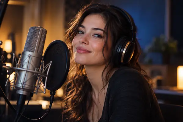 Original adult female voice performer in a softly lit studio portrait