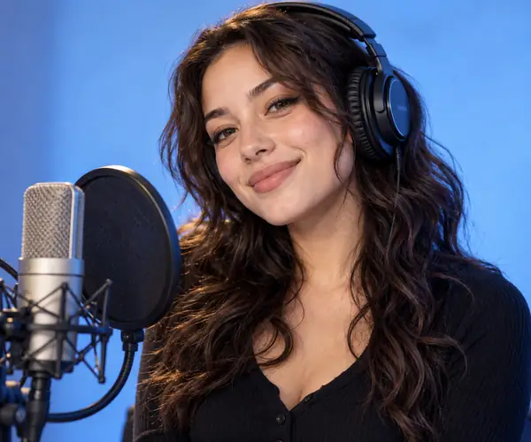 Friendly studio portrait of an original adult voice performer against a soft blue background