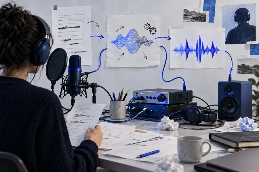 Rough voice workflow concept with an unfinished script